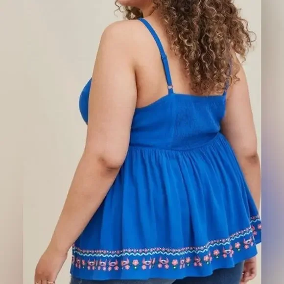 Torrid Baby doll Tank - Embroidered Gauze Blue Size 2 - Picture 3 of 5